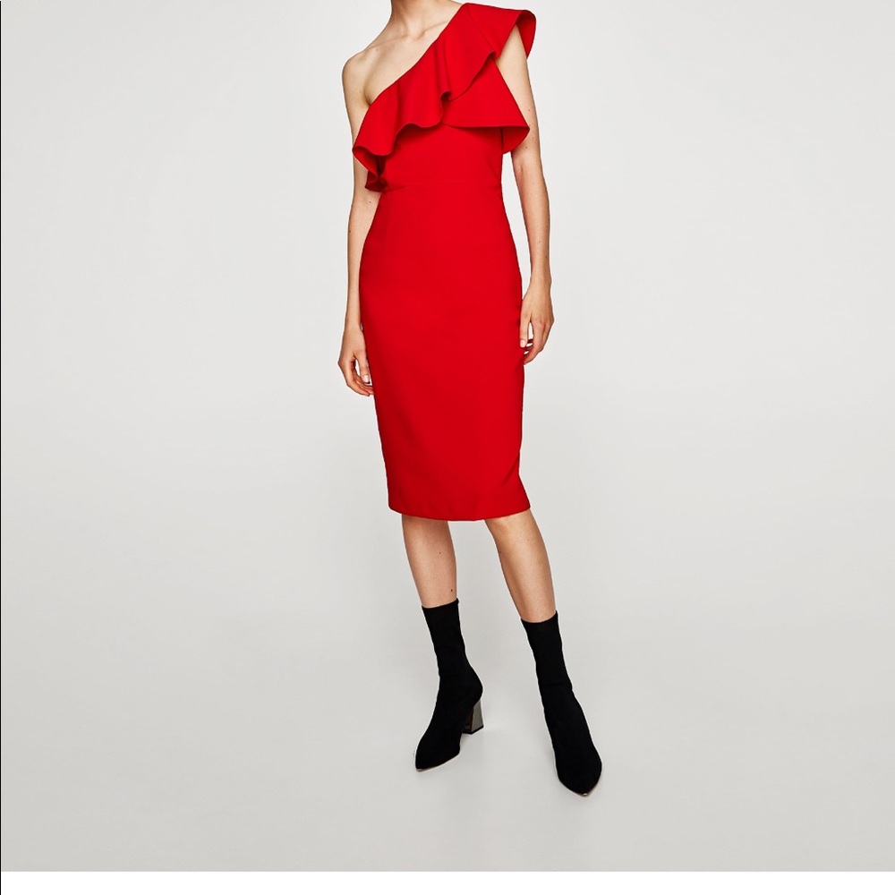 Zara one shoulder red midi dress. Size small NEW.